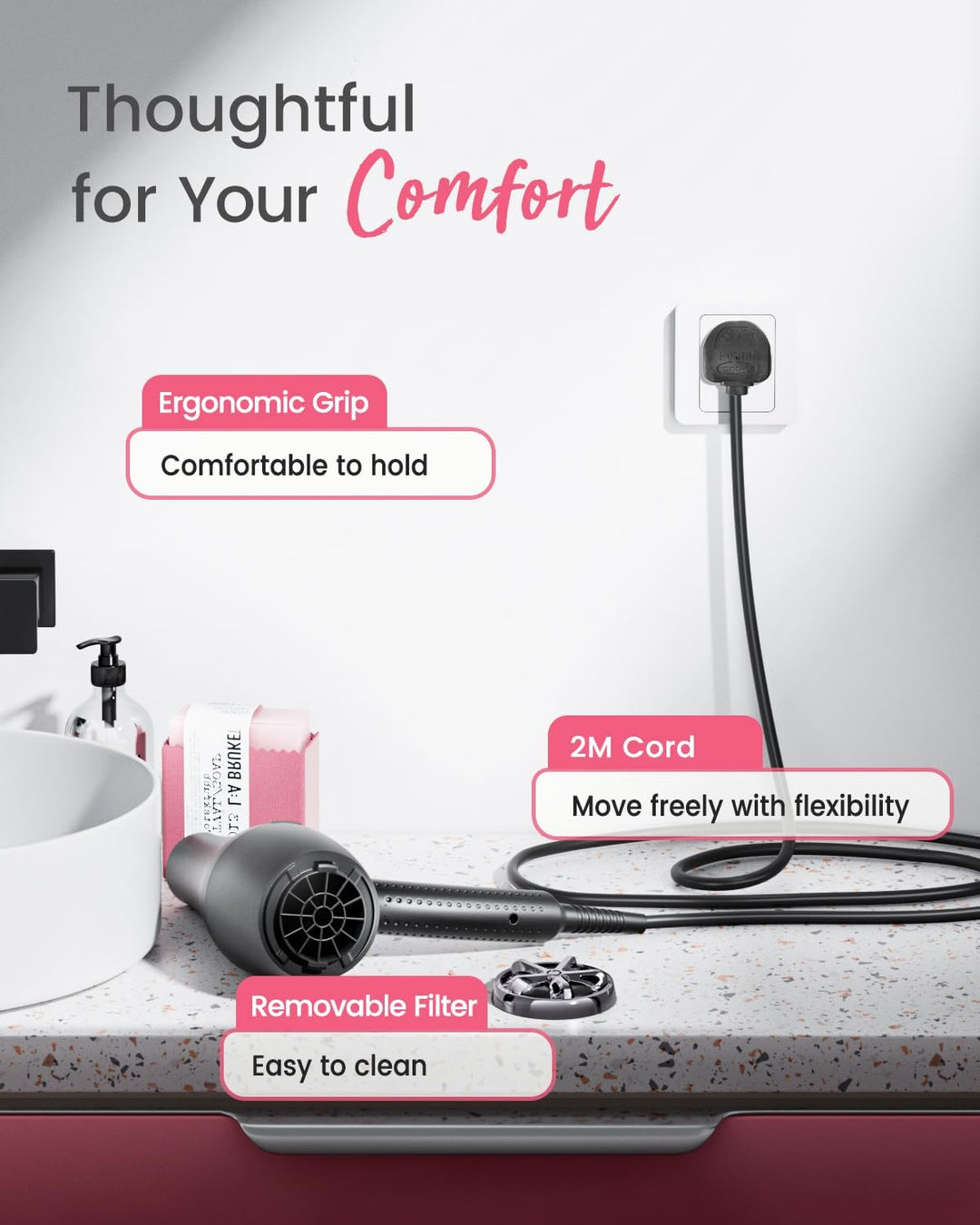 Dekuri Föhn Ionen, Profi Fön Haartrockner Hair Dryer Haarföhn mit 1 Diffusor 2 Stylingdüse, 3 Heiz u