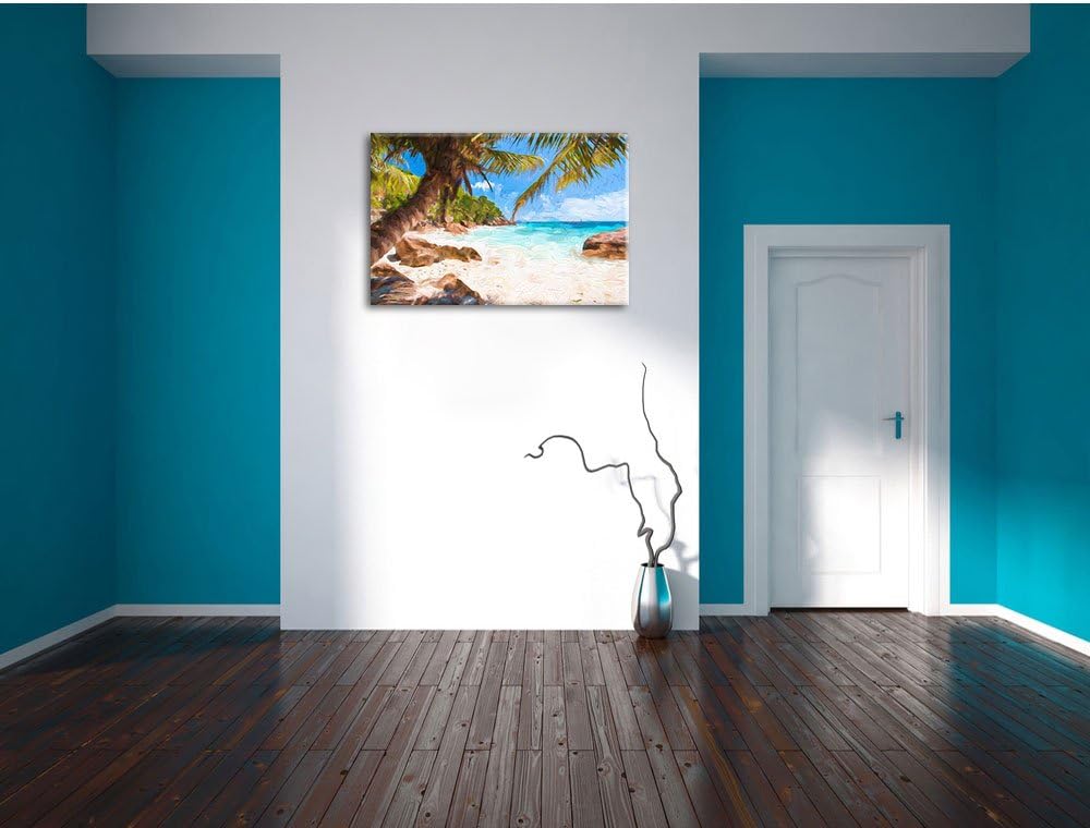 Pixxprint Palmenstrand Seychellen Kunst / 100x70cm Leinwandbild bespannt auf Holzrahmen/Wandbild Kun