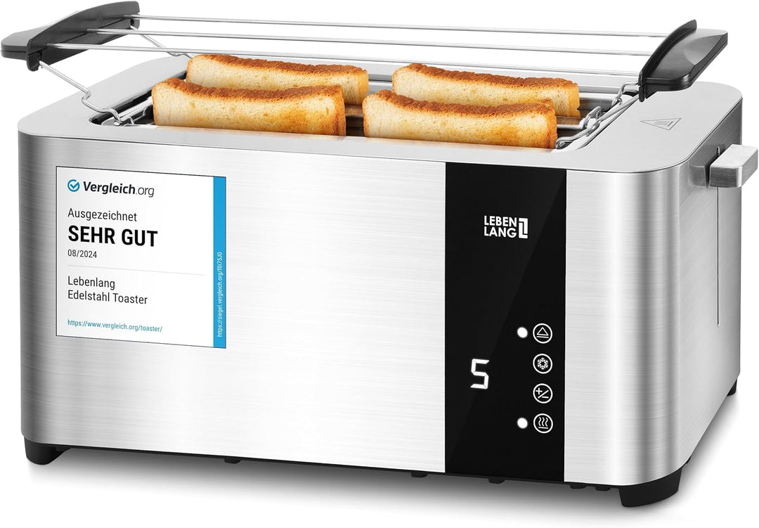 LEBENLANG Langschlitz Toaster 4 Scheiben mit Brötchenaufsatz - Touchscreen LED Display & 7 Stufen I