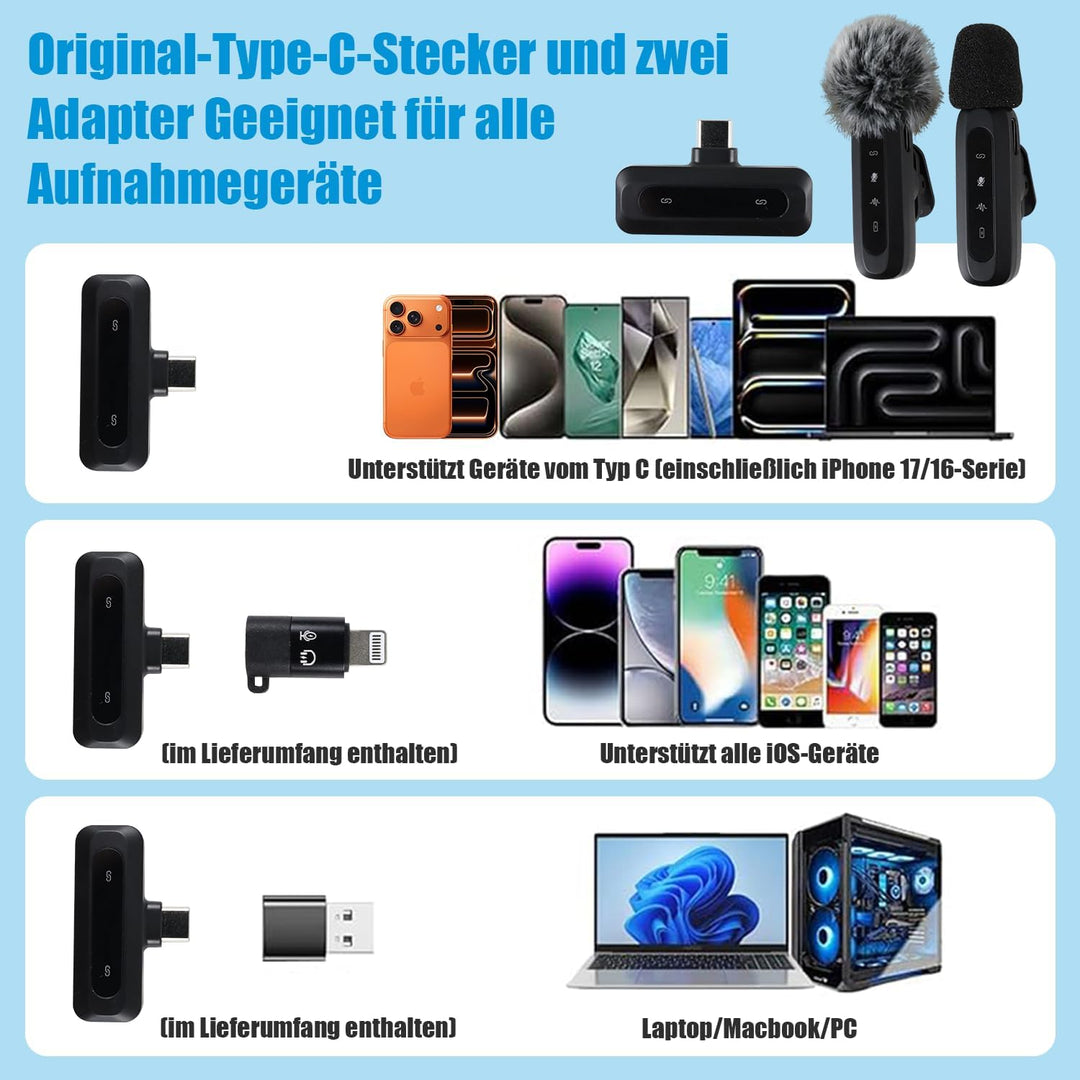Kabelloses Lavalier Mikrofon für iPhone, Android &amp; Handy, mit USB-C &amp; Lightning, 2,4 GHz Wireless Mi