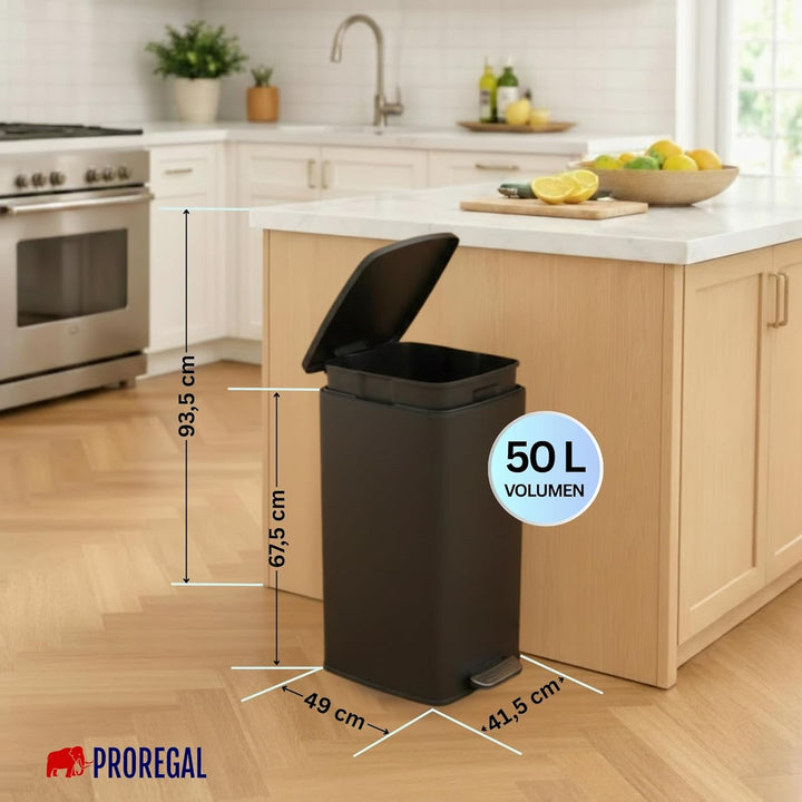 PROREGAL Mülleimer Küche Bad 50L, Abfalleimer mit Softclose & Stay-Open Deckel, Fusspedal & Inneneim