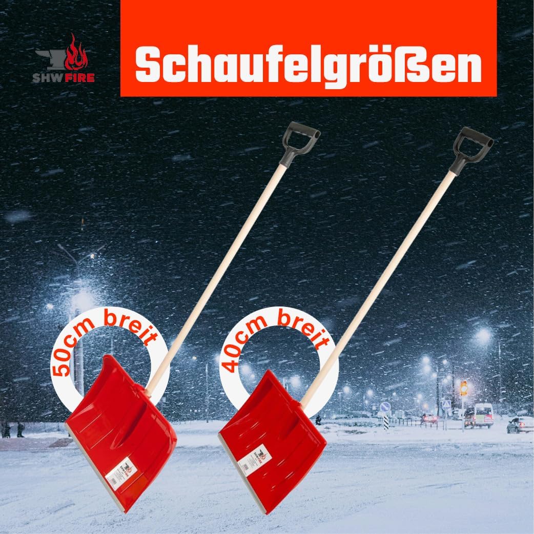 SHW-FIRE 59026 Schneeschieber Schneeschaufel Kunststoff 50 cm breit mit rundem Stiel Holz 130 cm lan