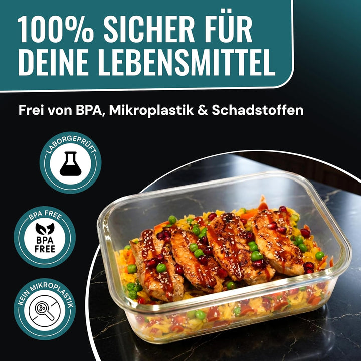RDY® Meal Prep Boxen Glas 1500ml - 5er Set - luftdichte Glasbehälter Mikrowelle, Backofen, Gefrierfa