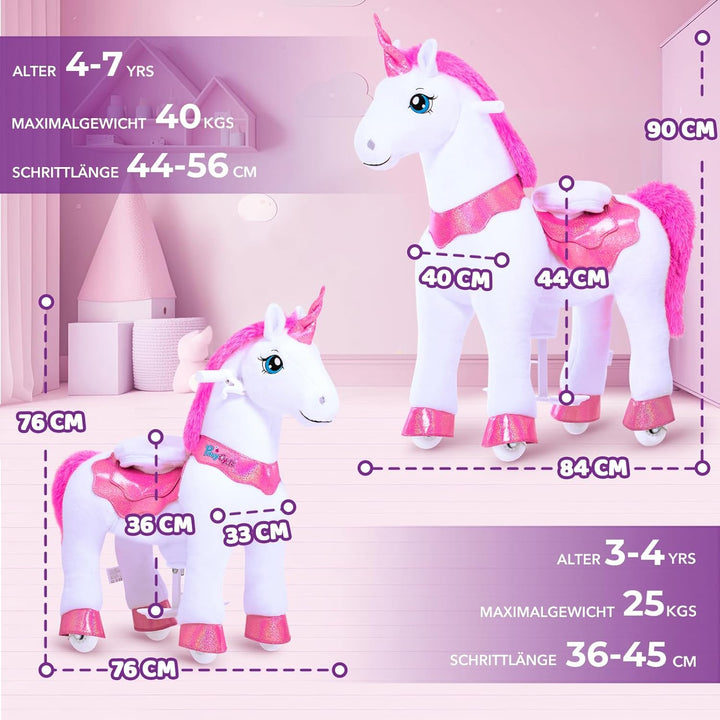 PonyCycle® Einhorn auf Rollen | für Kinder 4–7 Jahre, 90cm | Rosa Plüsch Reitpferd mit Handbremse |