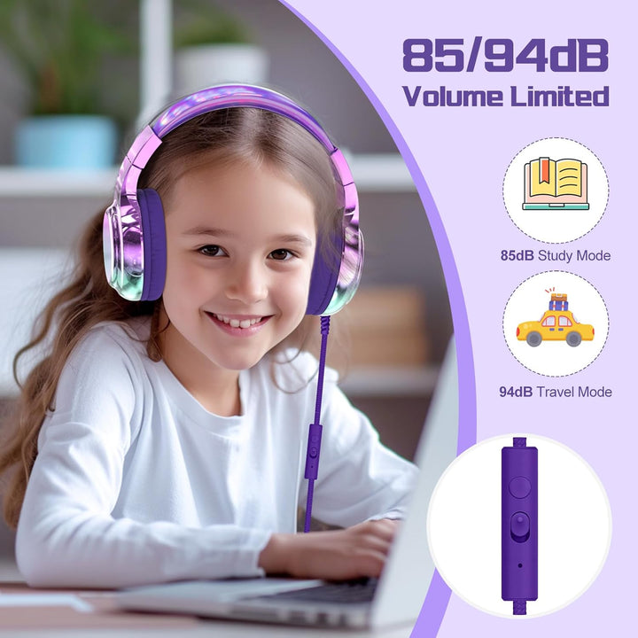 JYPS Kinder Kopfhörer,Kopfhörer Kinder mit Kabel,85/94 dB Volume Limit,Faltbare Kopfhörer für Mädche