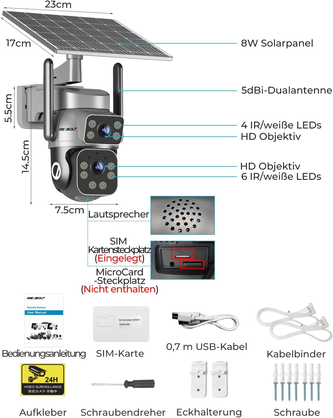 GENBOLT 4G LTE Solar Überwachungskamera Aussen Kabellose, AOV 7/24-Aufzeichnung 3MP+3MP PTZ IP Kamer
