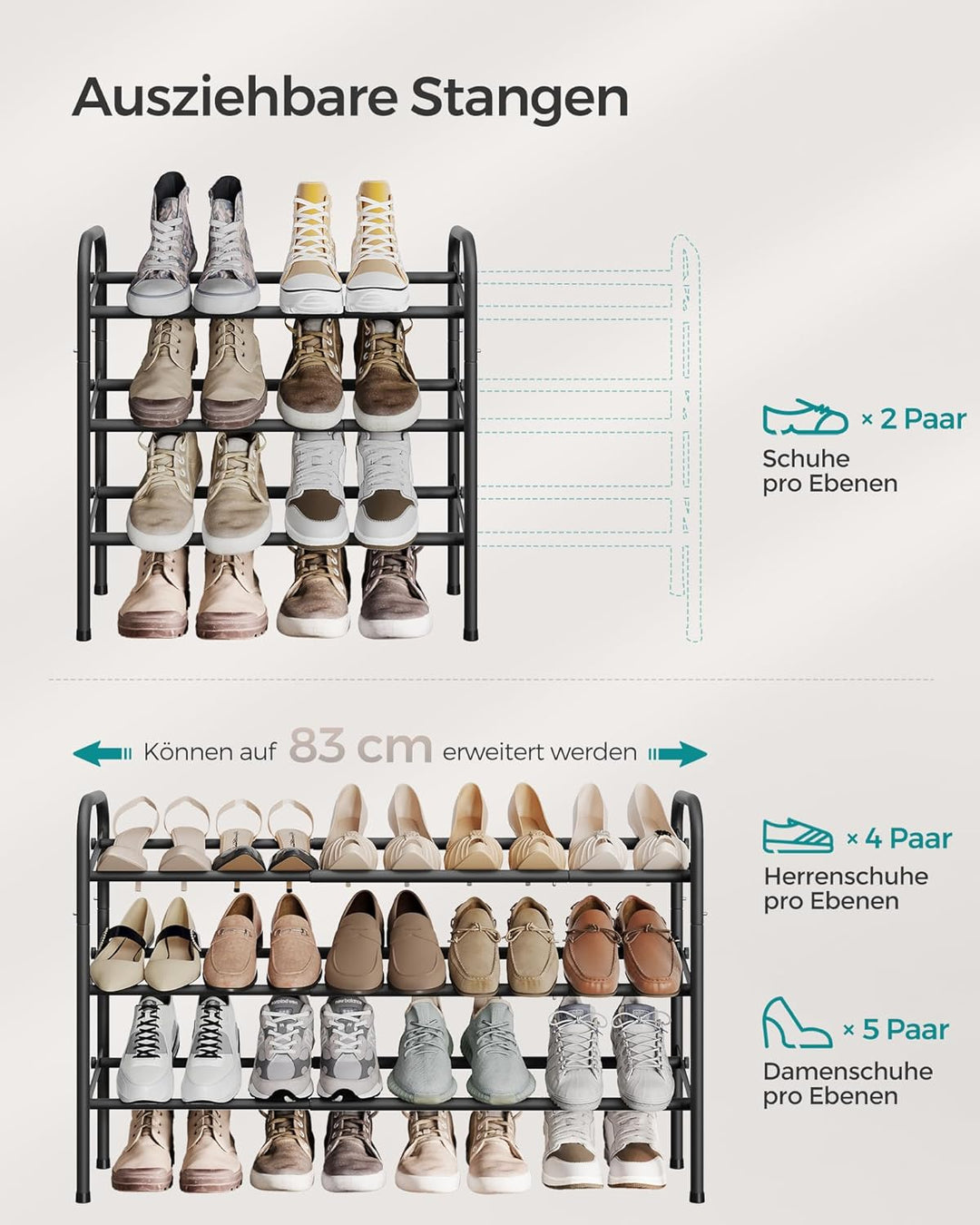 SONGMICS Schuhregal, Schuhständer, 3 Ebenen, Metallregal, verstellbar, Schuhe,Standregal, für Flur,