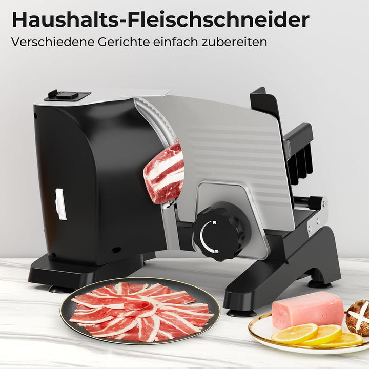Elektrische Fleischschneidemaschine, 200 W Aufschnittmaschine mit 2 Edelstahlklingen 19 cm, 0–18 mm