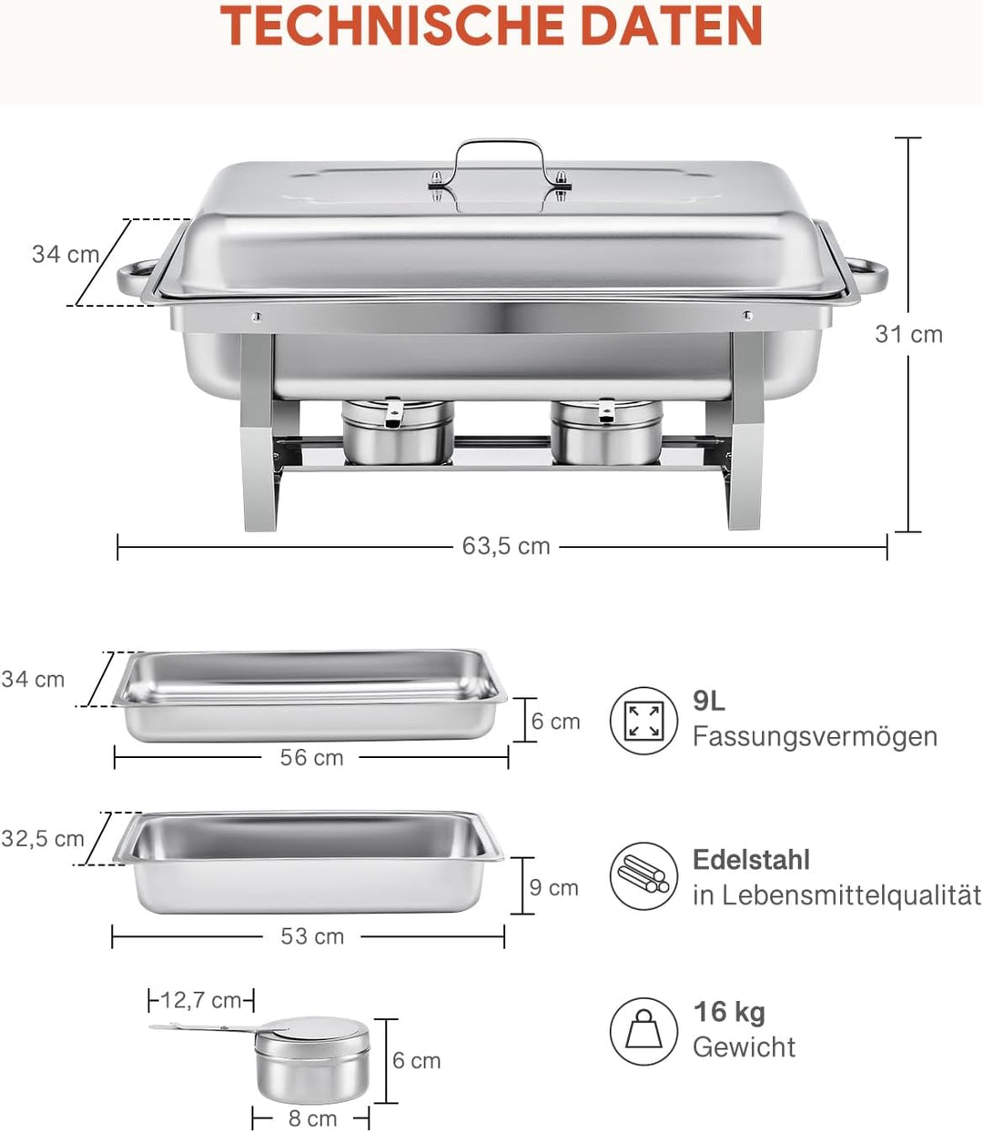Wilprep Chafing Dish Edelstahl Buffet-Set Warmhaltebehälter Speisenwärmer Wärmebehälter Rechaud für