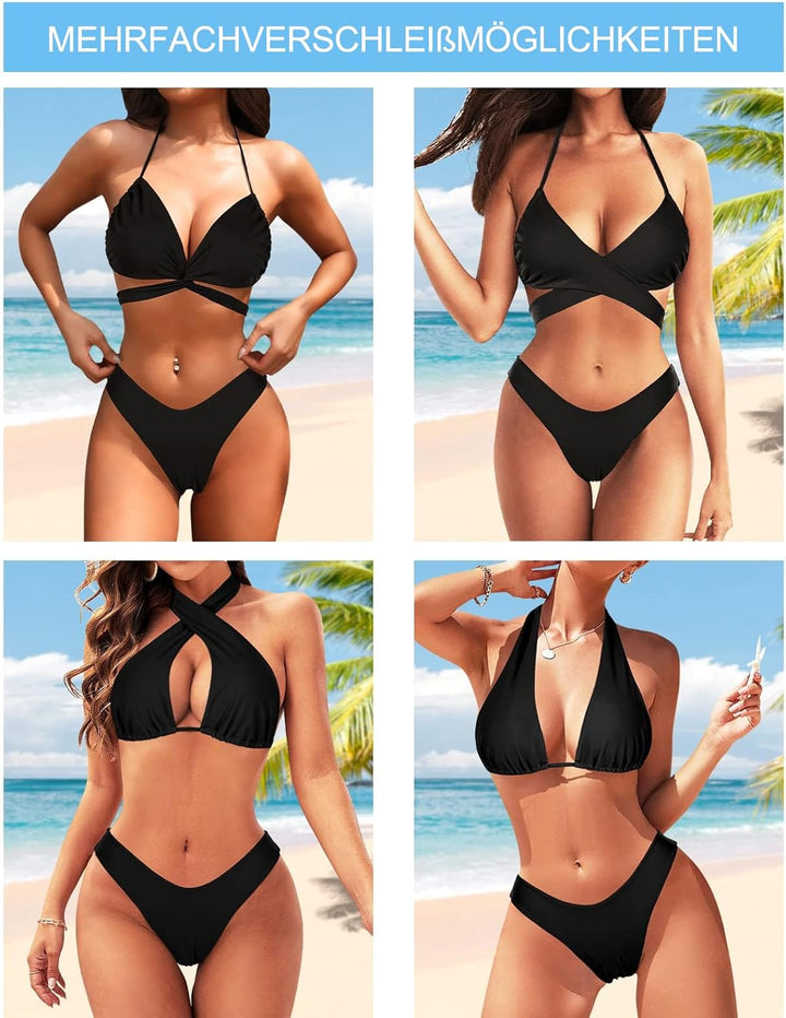RXRXCOCO Sexy Brazilian Bikini Damen Set Triangel String Oberteil Bikini Set Tanga Bademode S Schwar