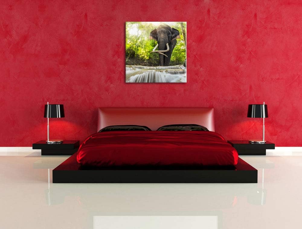 Pixxprint Elefant am Bach, Format: 70x70 auf Leinwand, XXL riesige Bilder fertig gerahmt mit Keilrah