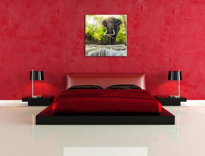 Pixxprint Elefant am Bach, Format: 70x70 auf Leinwand, XXL riesige Bilder fertig gerahmt mit Keilrah