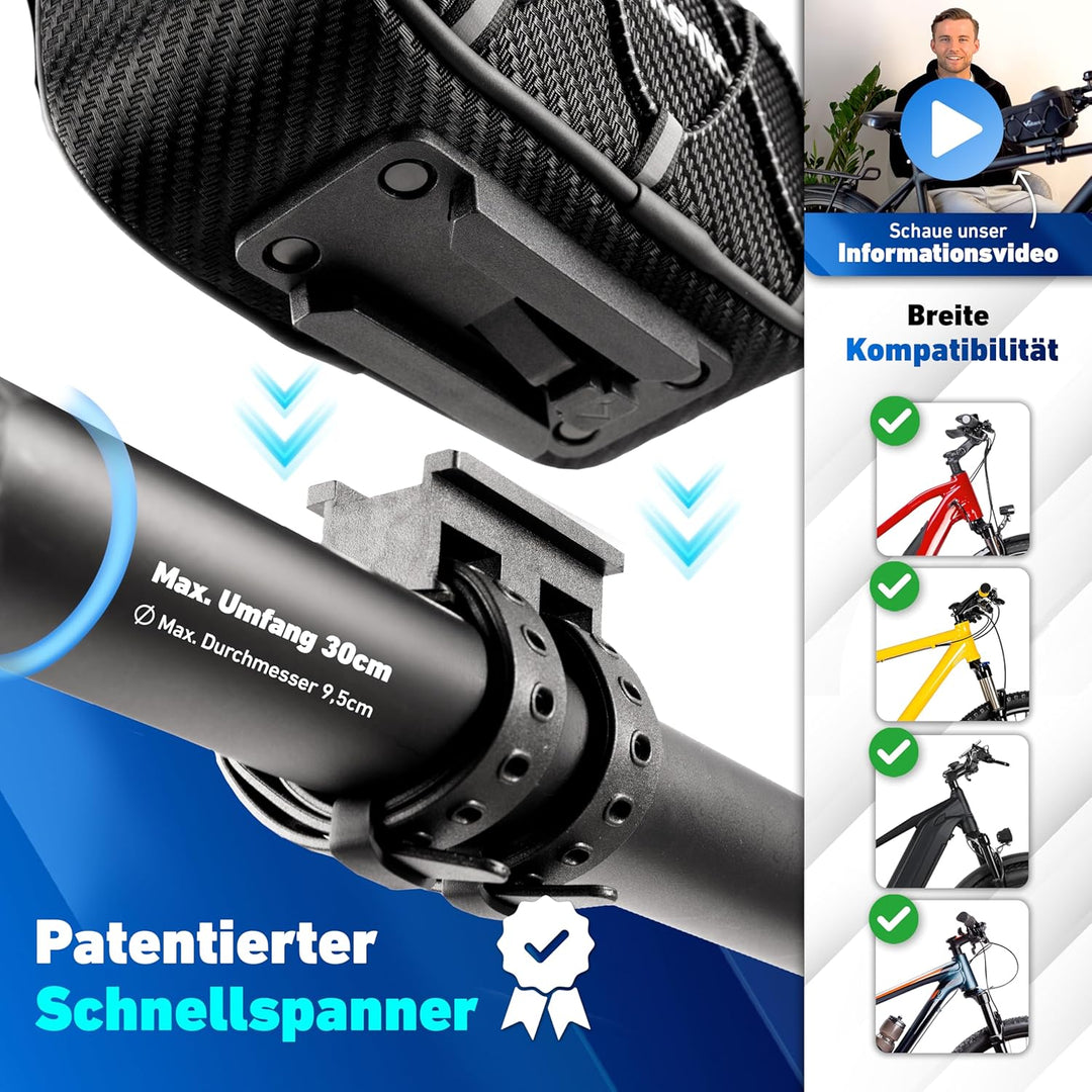 Valkental® Fahrrad Rahmentasche [Innovativer Adapter] Wasserfeste Oberrohrtasche mit Schnellspanner