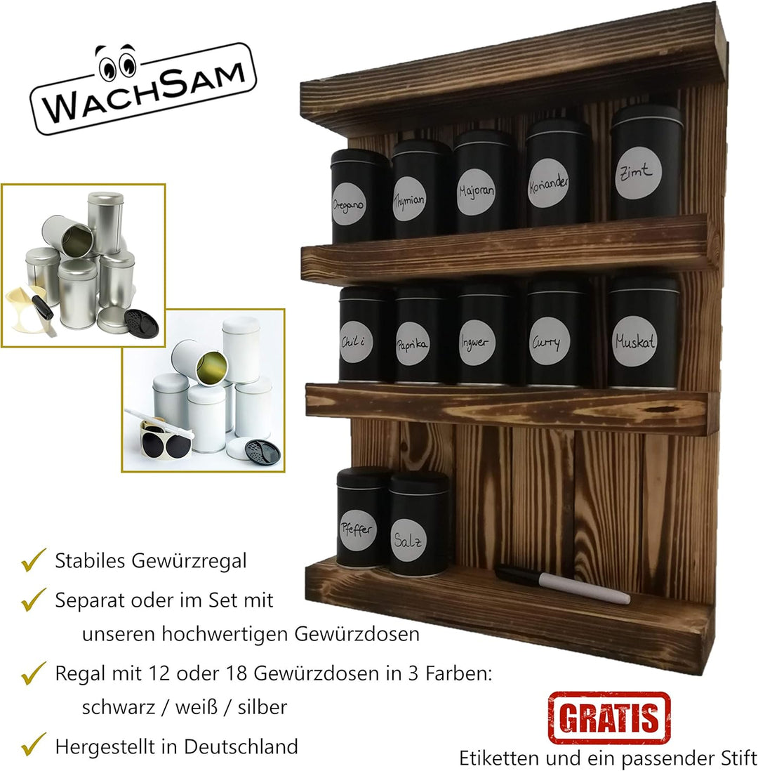 WachSam Gewürzregal geflammt im „Used-Look“ | im Set mit 12 Gewürzdosen Schwarz 175 ml und 3-Fach St