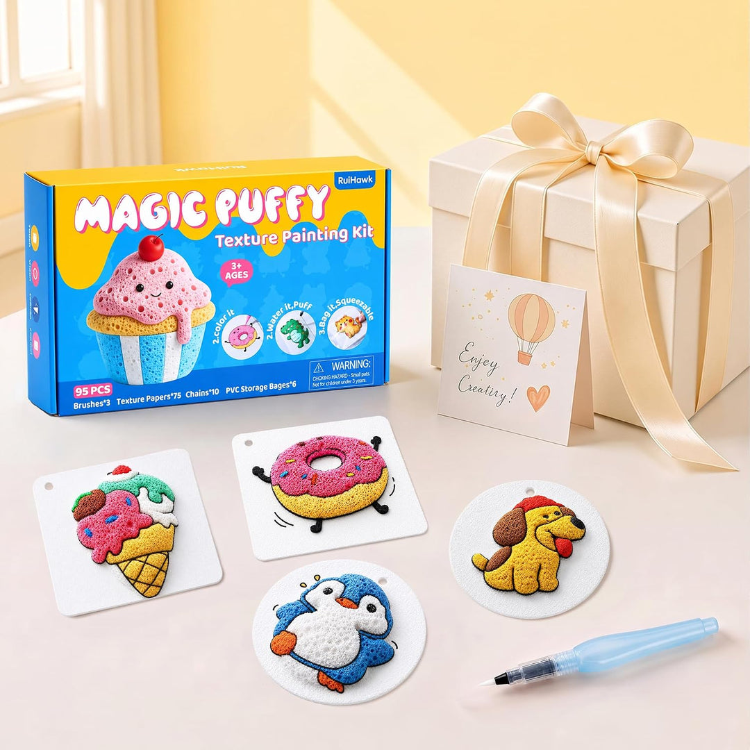 95 Pcs Magic Puffy Paint Nachfüllset – 75 Blätter 3D Schaumtextur, 3 Wasserpinsel, 10 Schlüsselanhän