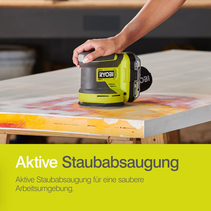 RYOBI 18 V ONE+ Akku-Exzenterschleifer RROS18-0, 125 mm Schleifteller, 2,5 mm Schwingkreis, Effizien