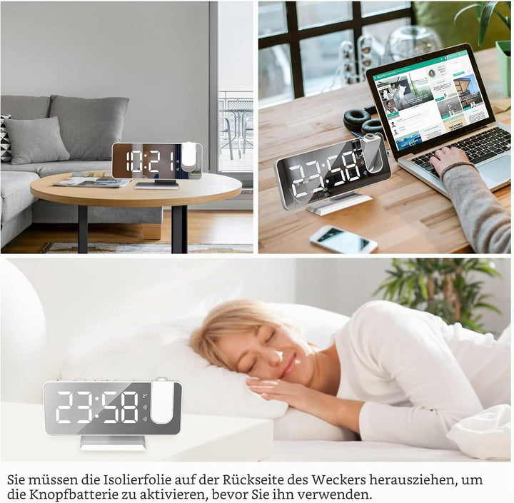 Exmate Projektionswecker, Digital Wecker mit Projektion, USB-Ladeanschluss, 7.5'' grosses Spiegel-LE