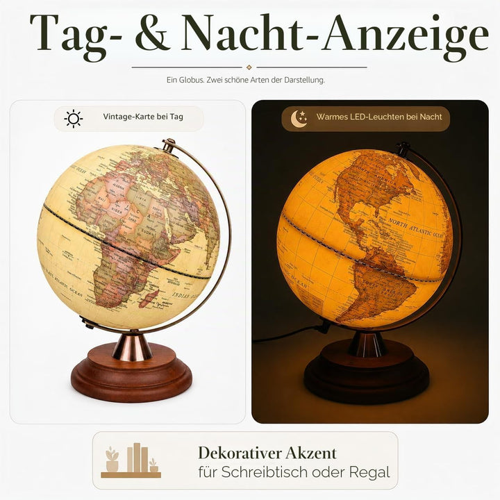 EXERZ 20cm Leuchtglobus Antiker - Englisch Karte - 2 in 1 Leuchtende LED-Lampe - Tag und Nacht Kinde