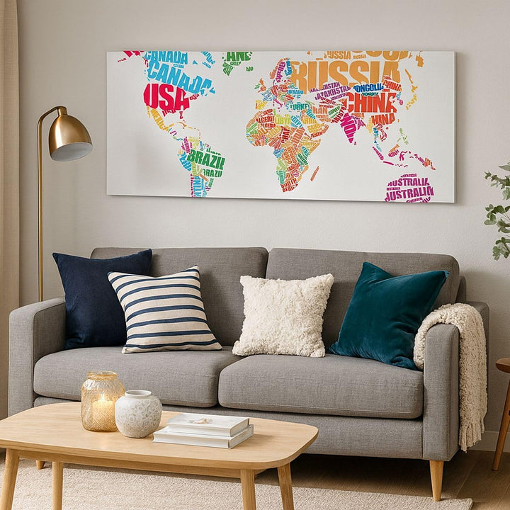 Wandbilder Dekoration Wohnzimmer Karte Worte Welt Geographie Panorama Bilder auf Leinwand 120x50cm L