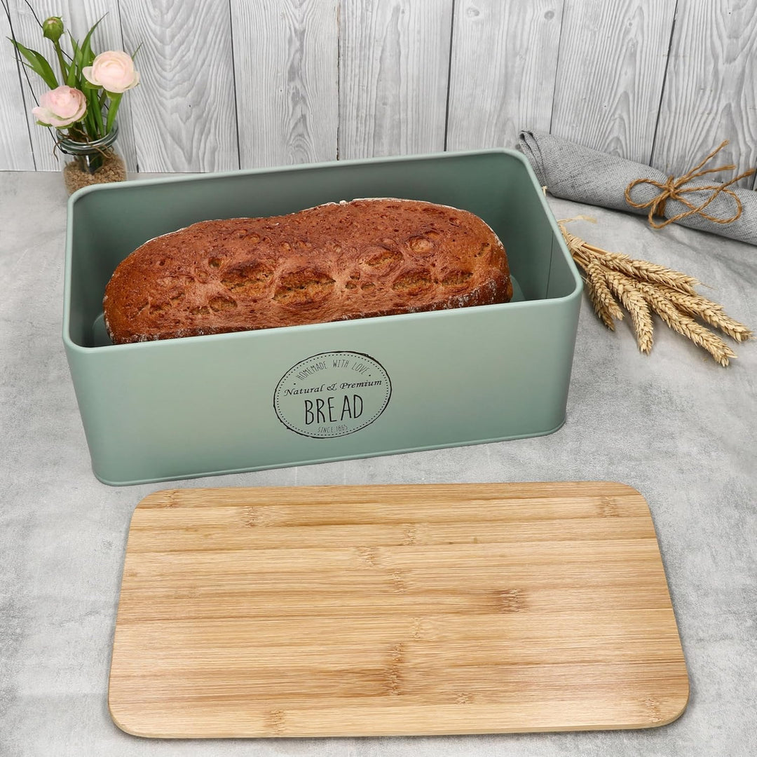 MamboCat Brotbox Fresh mint I (LxBxH) 33,2x18,5x15,4cm I Metall-Brotkasten mit Bambusdeckel I Aufbew