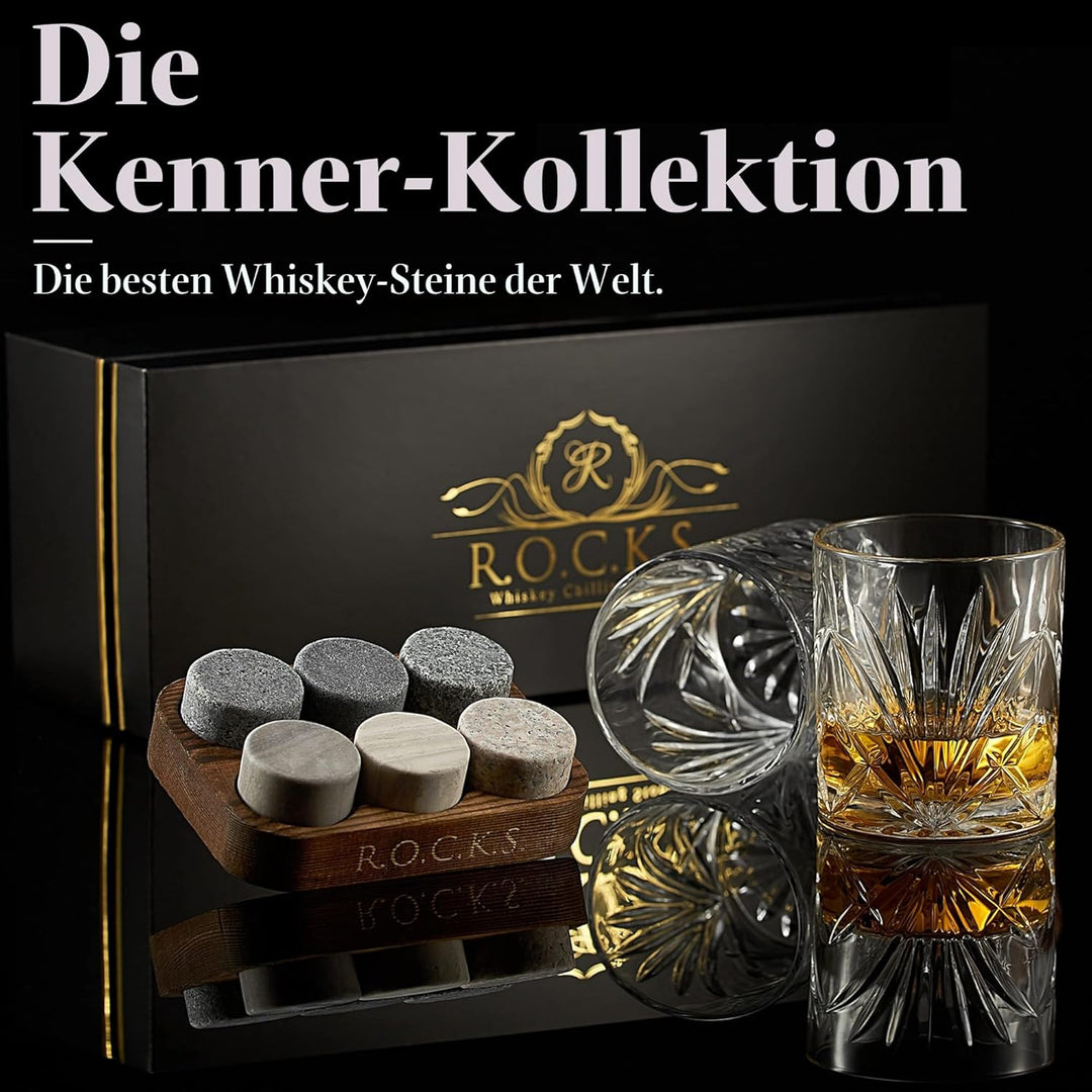 Whiskey Steine Set - 6 Handgefertigte Runde Granit Whisky Steine - 2 Whisky Gläser - Präsentations-