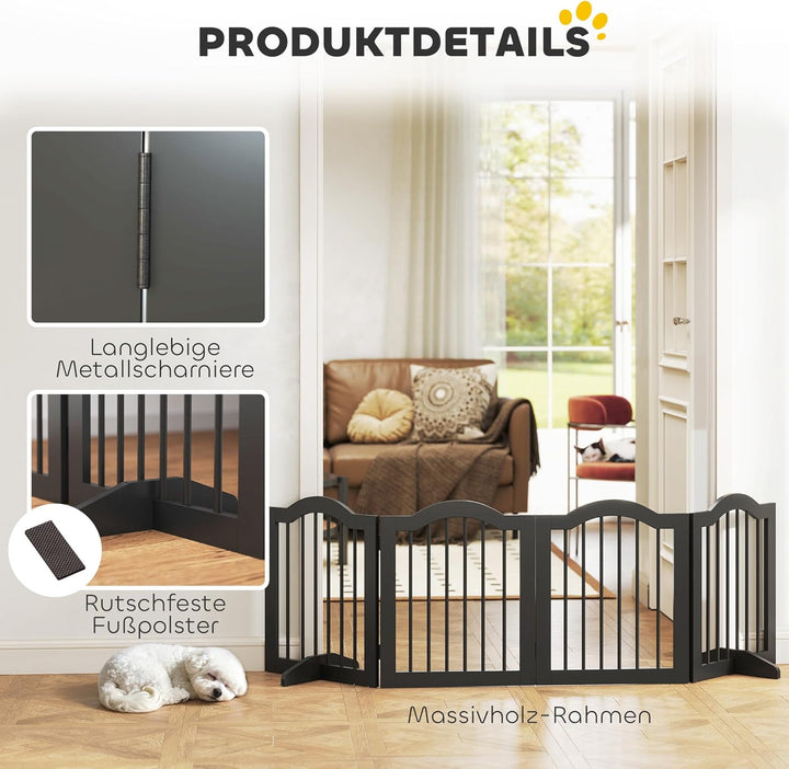 PawHut Absperrgitter Hund 4-teilig, 208 x 61 cm Faltbar Hundegitter mit Tür, Türschutzgitter mit 2 S