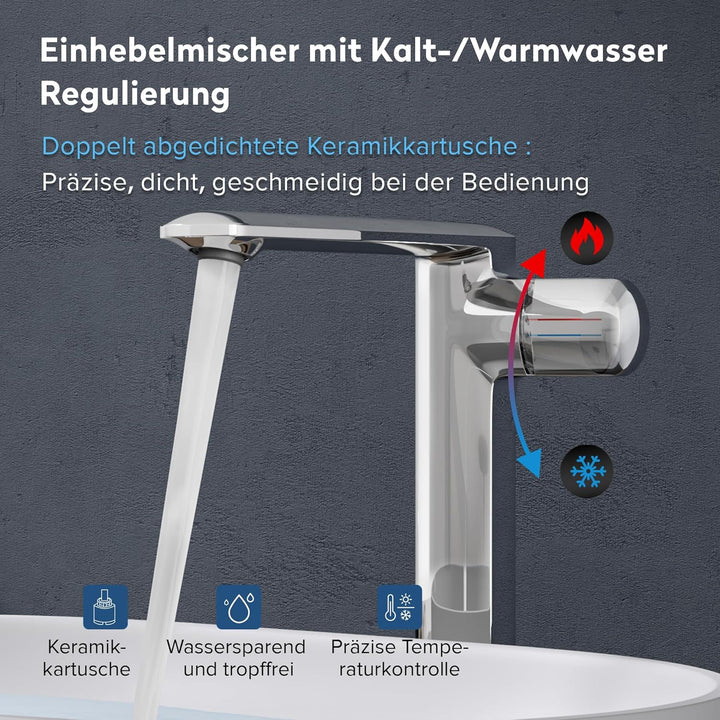 doporro Wasserhahn Bad Silber, Waschtischarmatur Hoch 259 mm Auslaufhöhe | Waschbecken Armaturen mit