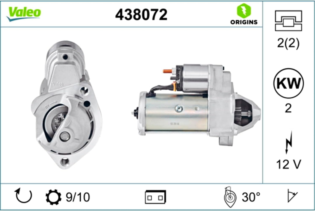 VALEO 438072 Starter Nennleistung: 2 kW Stop & Start: NO Zähnezahl: 10 zähne Spannung: 12 V Drehrich