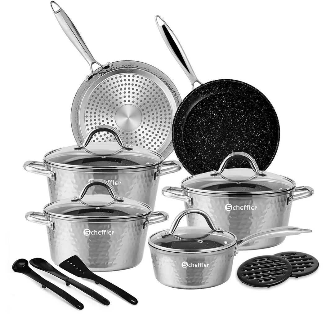 Topfset,Scheffler Topfset Induktion 15-teilig, Induktions Töpfe Set，Töpfe mit Glasdeckel, Kochtopf-S