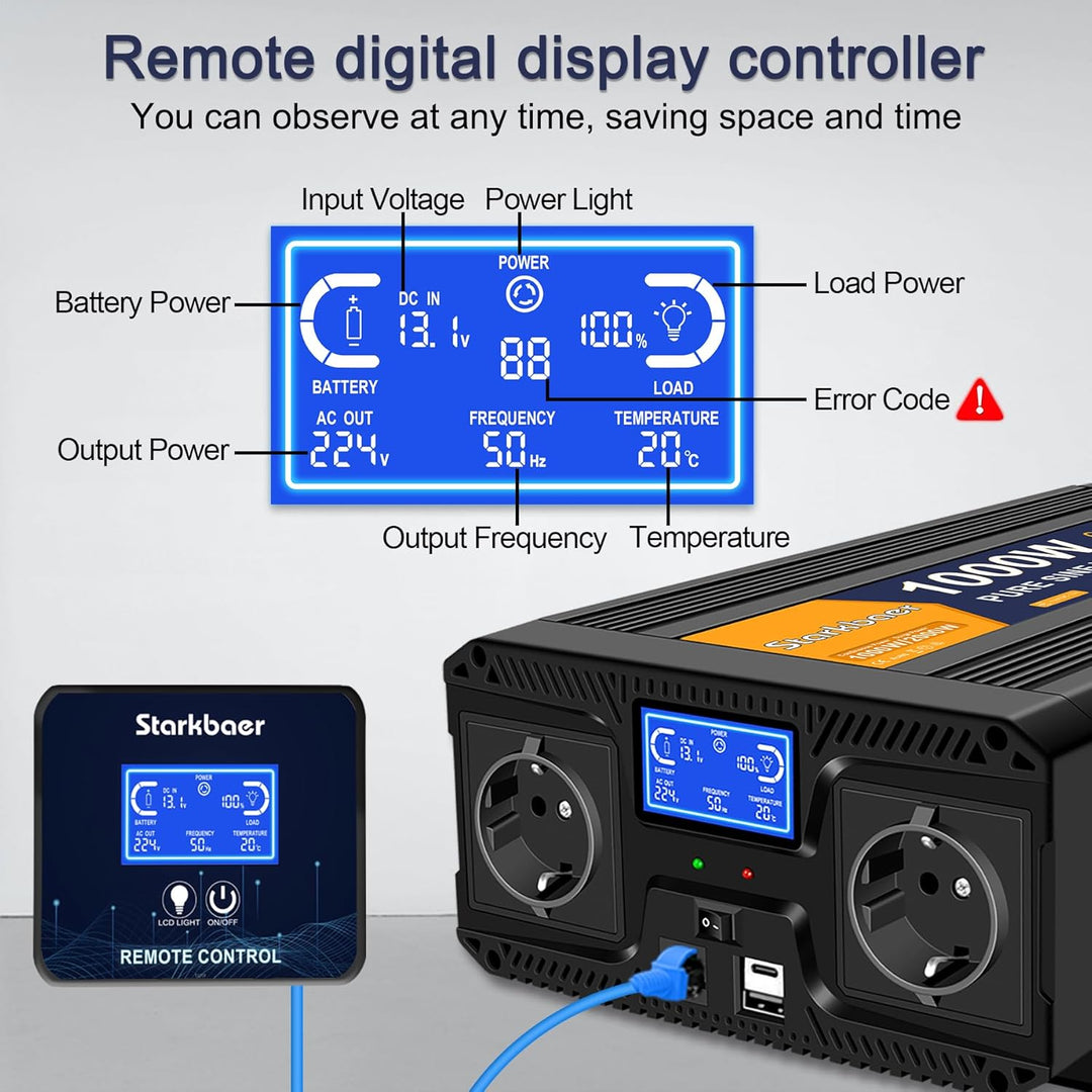 1000W Wechselrichter 12v auf 230v Reiner Sinus Spannungswandler Power Inverter KFZ Konverter mit LCD