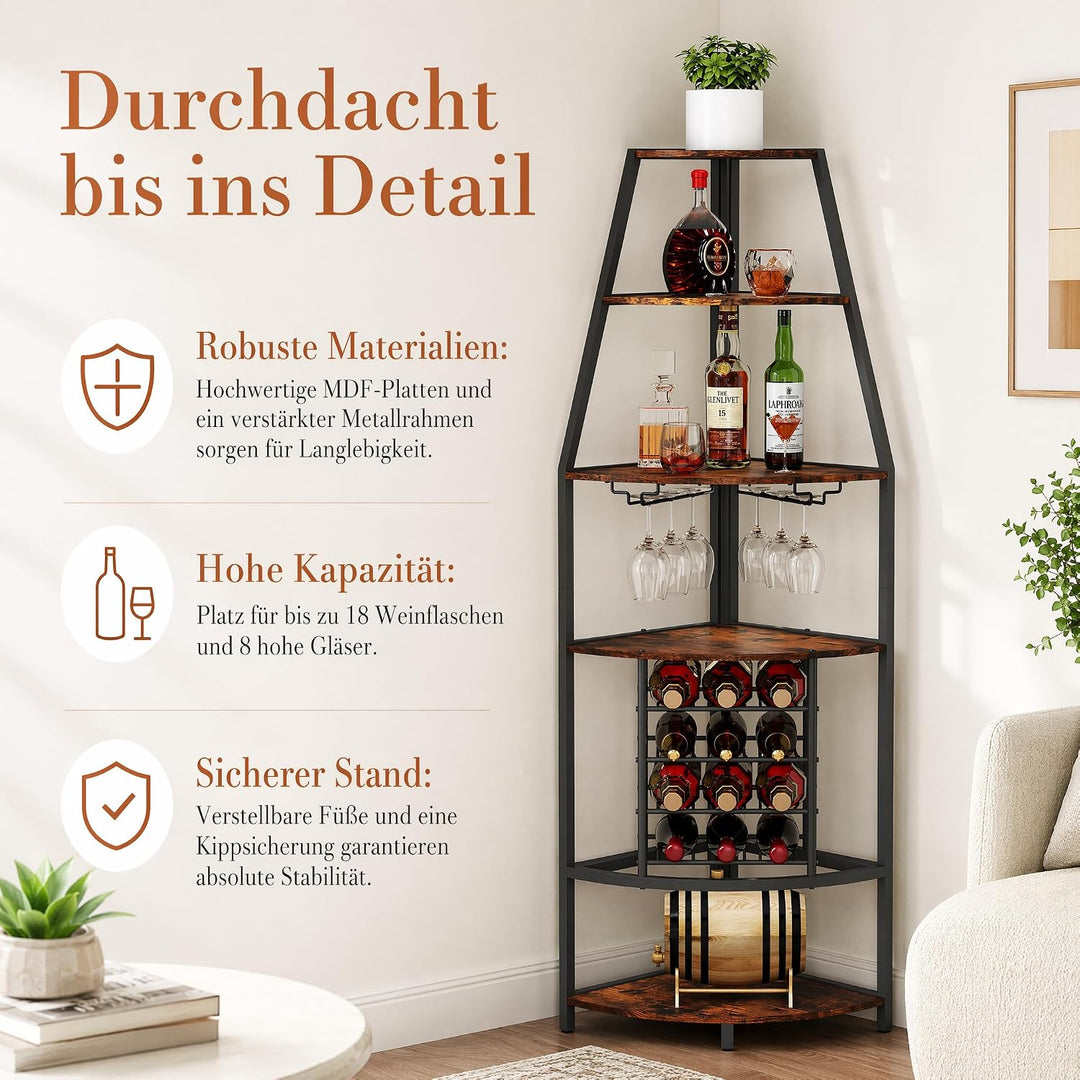 5-stöckiges Eck-Weinregal, stehend Barschrank mit Glashalter and Weinaufbewahrung, industrielles Win