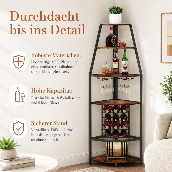5-stöckiges Eck-Weinregal, stehend Barschrank mit Glashalter and Weinaufbewahrung, industrielles Win
