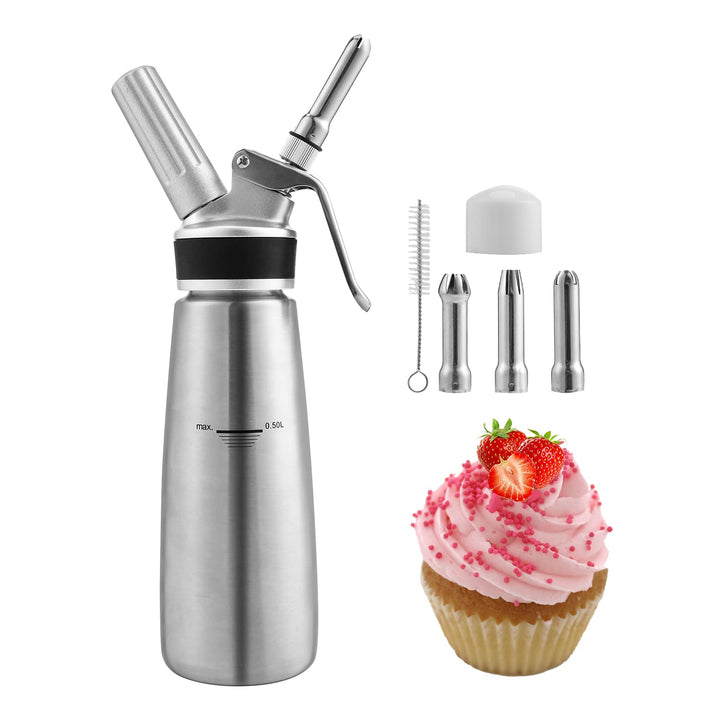 Yakimz Sahnespender Aluminium/Edelstahl Sahnesyphon, 0,5 L Mit 3 Edelstahl Deko-Düsen und Reinigungb