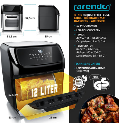 Arendo - 4 in 1 Heissluftfritteuse 12 Liter - Grill - Dörrautomat - Backofen - Air Fryer - LED-Touch