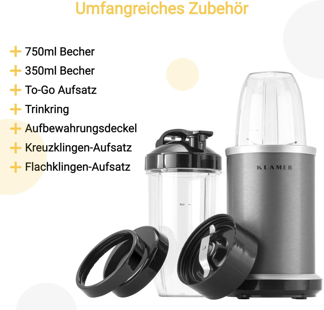 KLAMER Bullet Mixer 1000 Watt, Smoothie Maker, elektrischer Shake Mixer mit 2 Mixbehältern, 2 Klinge