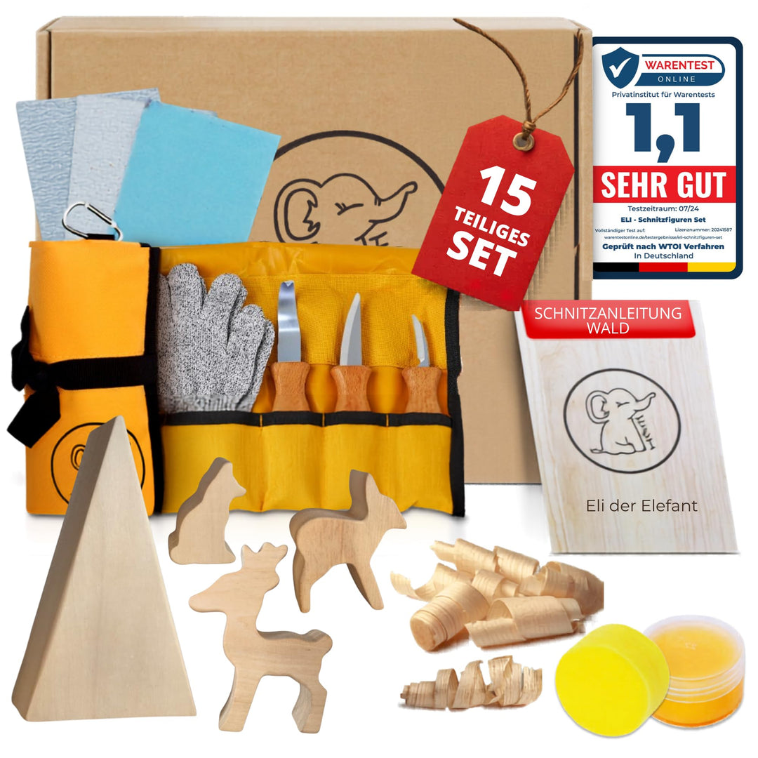 Eli® Lindenholz - Schnitzfiguren zum Schnitzen inkl. Schnitzanleitung für Kinder - Bastelset - Schni