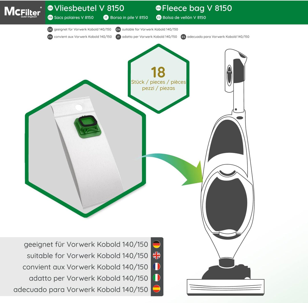 McFilter | 18 Staubsaugerbeutel kompatibel mit Vorwerk Kobold VK 140 VK 150 FP 140 FP 150, 5-lagiger