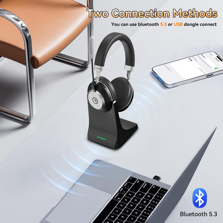 Wantek Wireless Business Headset mit Noise-Cancelling Mikrofon & Ladestation – Bluetooth 5.3 & 2.4GH