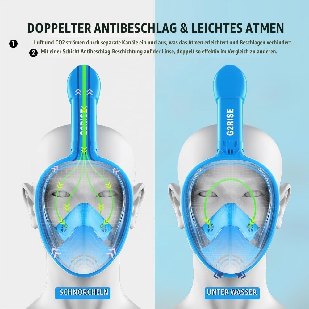 G2RISE® Schnorchelmaske, Tauchmaske, Faltbare CO2-sichere Schnorchel Vollmaske mit Kameraposition fü