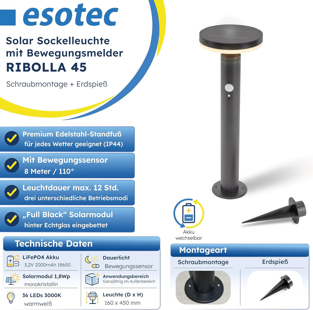 esotec Solar Gartenbeleuchtung Aussenlampe mit Bewegungsmelder Ribolla, H=45, 36 LEDs warmweiss 3000