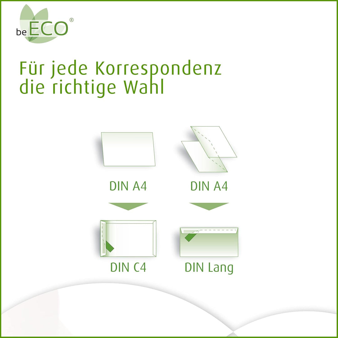 beECO Briefumschläge DIN lang (500 Stück), ohne Fenster haftklebend, Briefumschlag aus 100% Recyclin