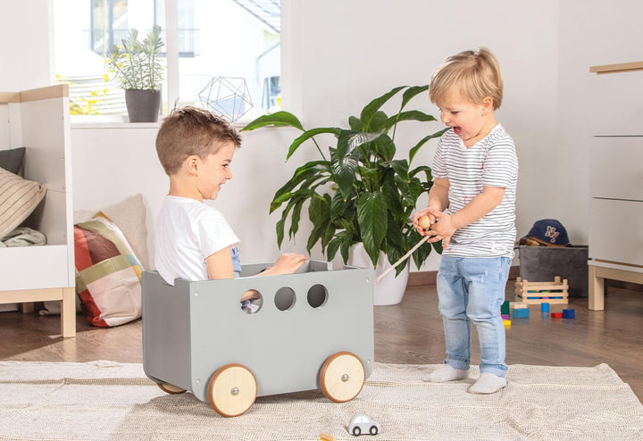 PINOLINO Spielzeugkiste Jim, aus Holz und Kunstleder, mit Zugschnur, gummierten Holzrädern und abneh