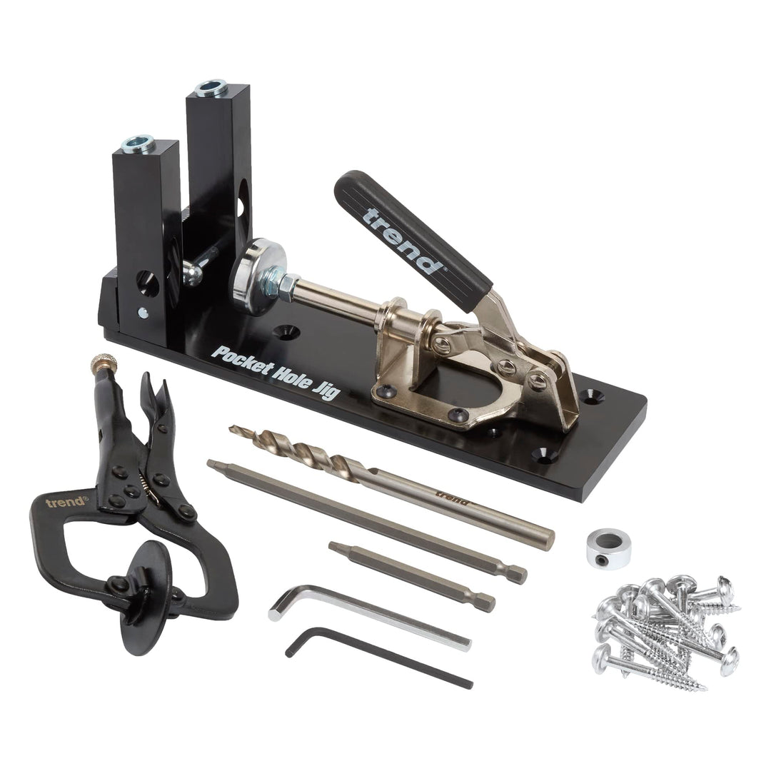 Trend Pocket Hole Jig Kit with Dual Column Jig, Face Clamp, HSS Drill Bit & Depth Setting Collar, 2