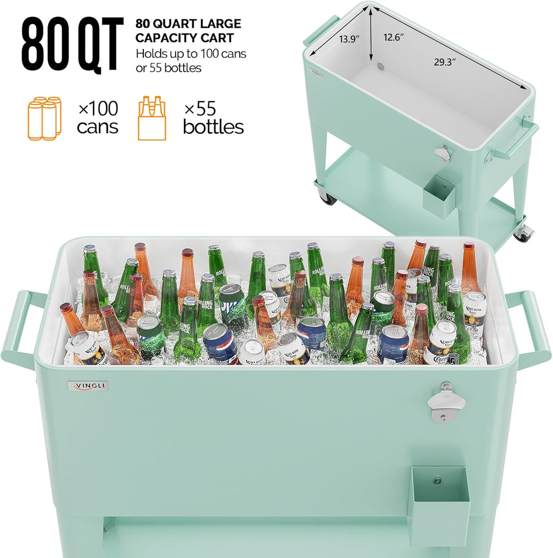 Bonnlo 76L Rollbarer Getränkekühler – Servierwagen, Kühlwagen mit Ablage, Flaschenöffner und Rollen,