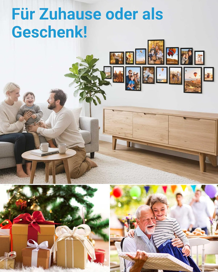 PHOTOLINI Bilderrahmen Set verschiedene Grössen schwarz, 15 Bilderrahmen Treppenaufgang Holz MDF, Bi
