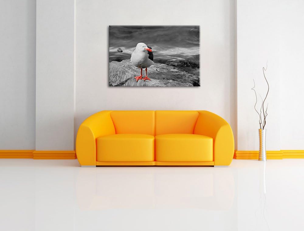 kleine Möwe auf Felsbrocken schwarz/weiss auf Leinwand, XXL riesige Bilder fertig gerahmt mit Keilra