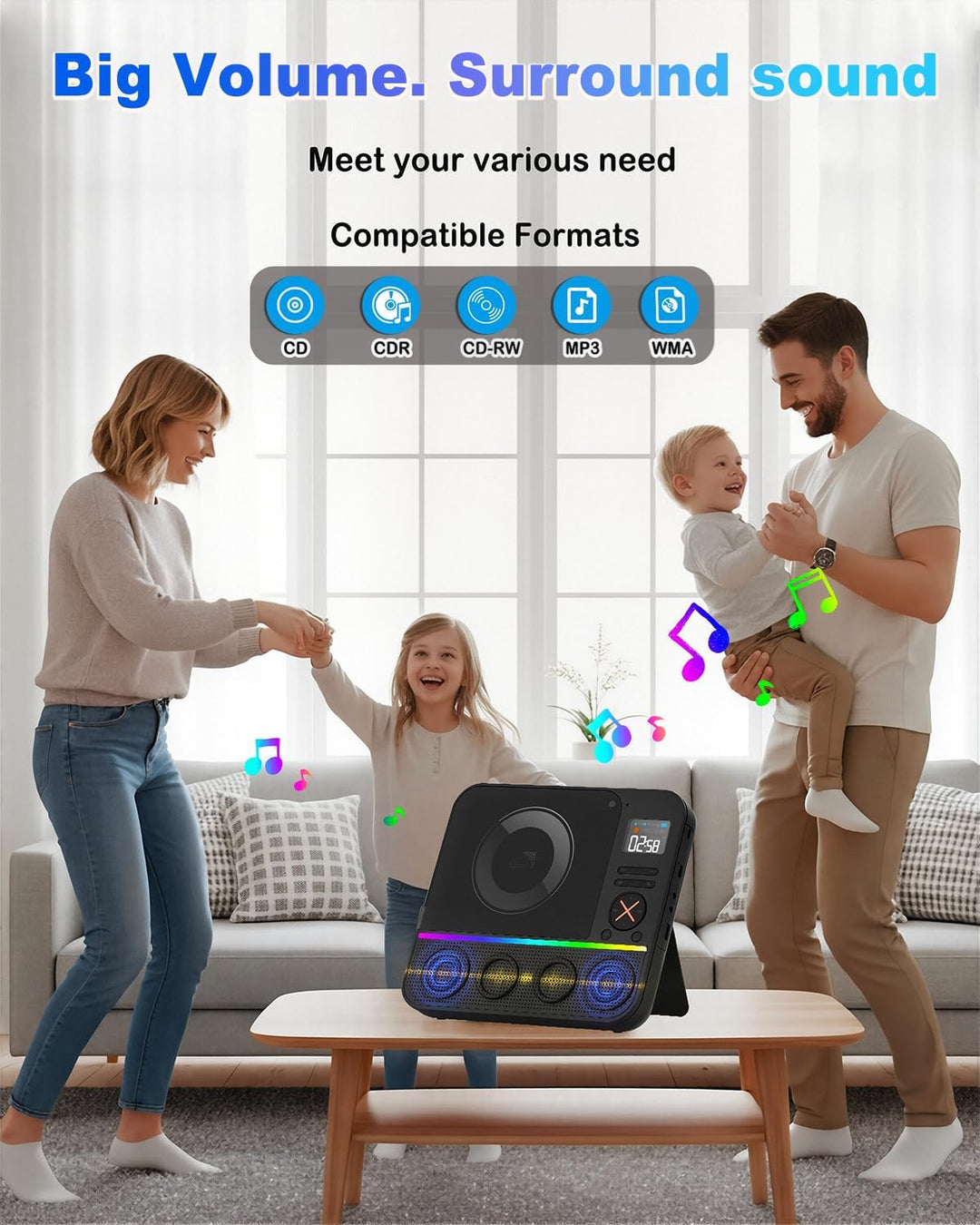 Tragbarer CD Player Bluetooth, Boombox Desktop CD-Player mit Bluetooth FM-Radio und RGB LED-Anzeige