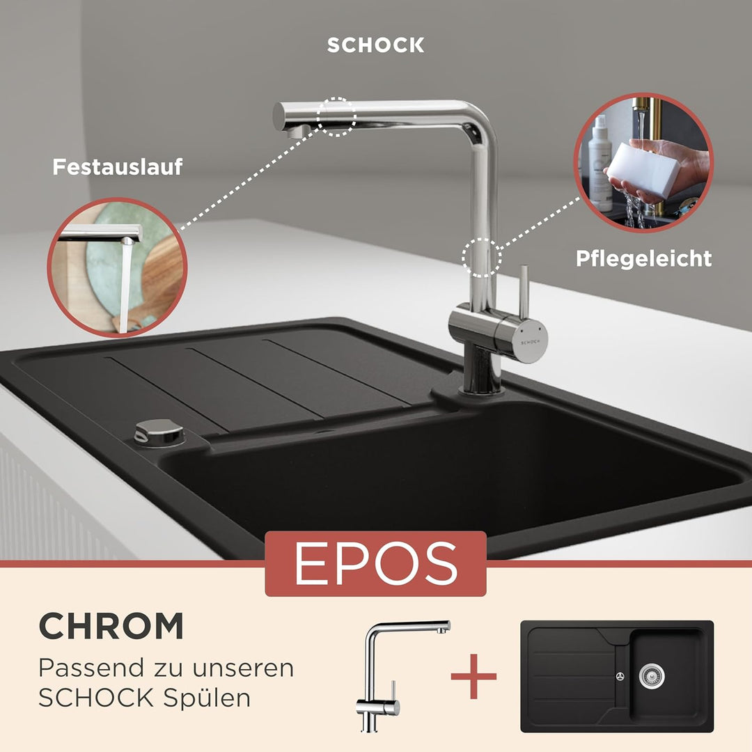 SCHOCK Küchenarmatur EPOS Chrom – Niederdruck Armatur mit Festauslauf und Standard Norm-Anschlüssen