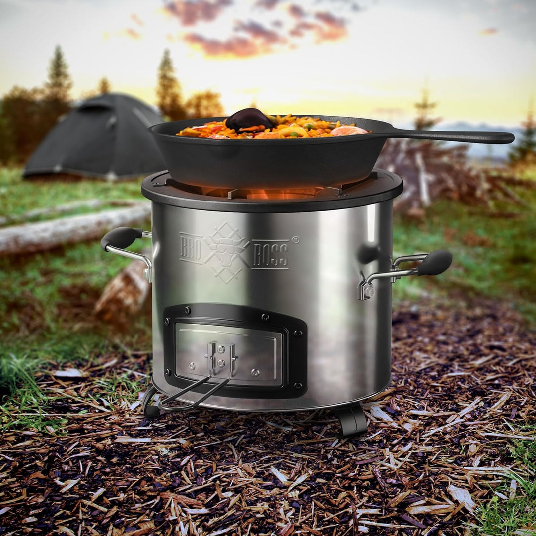 Raketenofen, Silber, Edelstahl Campingofen, Campingkocher Holz Kohle, Camping BBQ Holzofen zum Koche