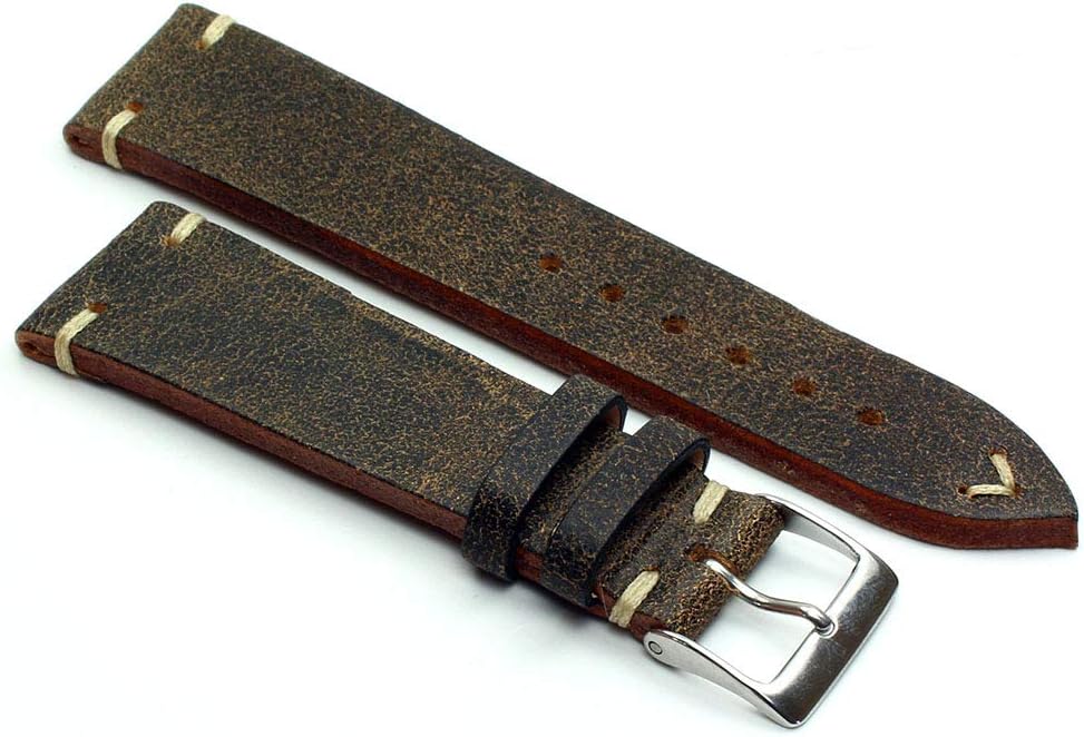 Sulla 22 mm Vintage Leder Uhrenarmband Handgemacht in Deutschland Retro Look Braun weisse Naht